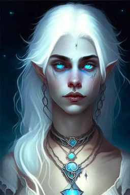 hauntingly beautiful character for dnd, young woman with white hair and blue eyes, angel, with moon necklace, vampire