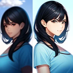 black haired woman, casual clotting, realistic, HD4k, watery cloud background, close up shot,
