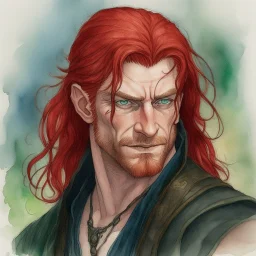 dnd, fantasy, watercolour, large strokes, stylistic, portrait, illustration, dull colours, male, face, narrow long face, weathered face, green eyes, determined, smiling, red hair, very long hair streaming down the shoulders, lush hair, radiating light, five o'clock shadow