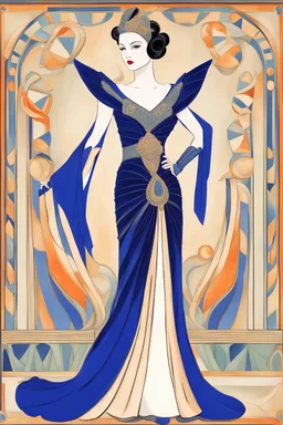 A flamboyant Art Deco opera dress by artist "Luminous Lapislazuli",by artist "Vibrant Velvet"