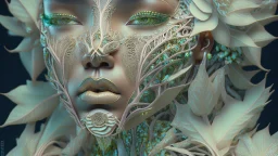 complex 3d render ultra detailed of a beautiful porcelain profile kim kardashians face , biomechanical cyborg, analog, 150 mm lens, beautiful natural soft rim light, big leaves and stems, roots, fine foliage lace, colorful details, massai warrior, Alexander Mcqueen high fashion haute couture, pearl earring, art nouveau fashion embroidered, steampunk, intricate details, mesh wire, mandelbrot fractal, anatomical, facial muscles, cable wires, microchip, elegant, hyper realistic, ultra detailed, oct