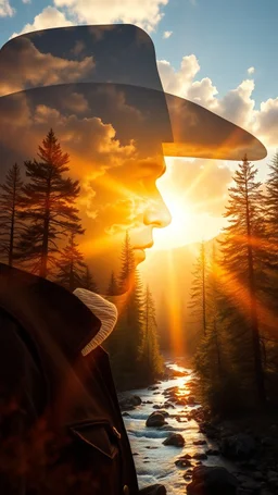 portrait of a cowboy Double exposure surreal digital art of a mysterious , his face in profile, blending seamlessly into the shape of the clouds . a magical forest scene unfolds, illuminated by golden light rays, with tall trees and a flowing river.