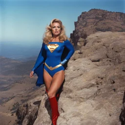 [Jason and the Argonauts (1963)] Stormy Daniels as super woman Bear in a blue costume, on a cliff