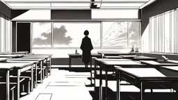 monochromatic japanese classroom with a shadowy figure looking out the window holding a transparent key emanating glow that colors the surroundings, anime
