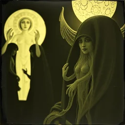 Daguerrotype close up some mysterious figures, odd background, Hieronymus Bosch Max Ernst ambient light, by Minicavio Quollati and Marlost Endgulp, Amano, Botticelli, Alphonse Mucha
