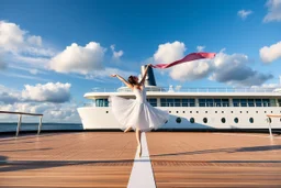 a ballerina dncing in deck of a modern big ship ,in oceion water vaves pretty blue sky with clouds