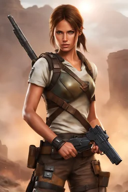 Realistic photo of young Lara Croft Tomb Raider character with brownish hair wearing short iconic leather armor and is holding a pistol with a battlefield in the background