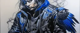 A contemporary serigraphy portrait by Sorayama of a crow adorned in a punk leather jacket within a cyberpunk atmosphere.