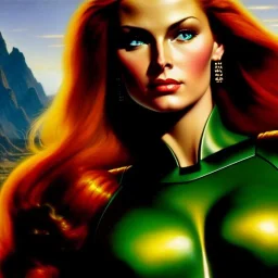 portrait oil on canvas, beautiful busty Jean Grey,green eyes, ,minimal armor,comic book cover, mystical colors,insanely detailed,realistic,intrincate detail, 16k resolution, masterpiece,Frank Frazetta,Alex Horley, Simon Bisley