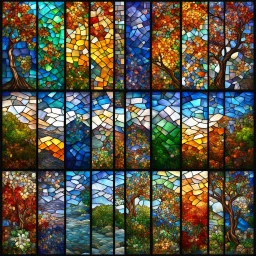 mesmerizing four vertical panels stained glass depicting four different seasons; mosaic with defined tile edges, ultra hd, realistic, vivid colors, best quality, fragile, dynamic, transparency, photorealistic