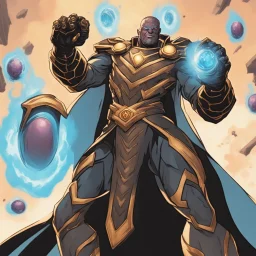 A commander in matte black robes with flaming eyes with grin with flaming light blue pupils stands atop a squire Two infinity gauntlets contain six infinity stones, one of which is made with nano In the hands of a powerful man walking While standing on a majestic height from afar