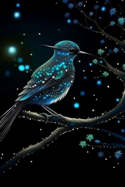 A fabulous beautiful bird with a long tail shimmers with radiance all covered in diamonds on a branch at night, magic