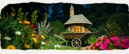 darkest gnome house in wheelbarrow in bright garden , pinhole cam, airbrush 3d rendering, in the style of John Atkinson Grimshaw , torn edges on border