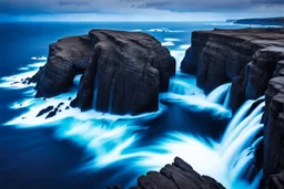 massive intimidating rock cliffs ascend all around and further up out of view. far below, the stormy ocean swirls intimidatingly. The ocean water falls off a waterfall down into a circular pit