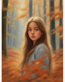 A young girl with long hair and autumn clothes in the autumn forest, beautiful portrait painting style, oil pastel painting, by Thomas Kinkade