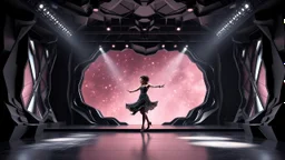 a 3d fractal stage structre made of metallic dark color 3d structures, pertty artistc background,dynamic lights,lady prances in modern fashion clothing dansing in stage