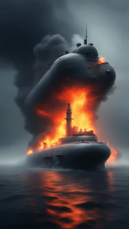 ,surrealism of the dark of a nightmare , hyper photorealistic, hyper detailed dark art color, high resolution, fog, octane render, tilt shift, HDRI Environment, all pictures dark gray, a submarine on fire