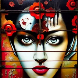 an abstract painting oil in canvas of rusted metal and flowers, Geisha portrait, rust, scaffolding, iron cladding, decay, mixed media, textured, anatomically correct, beautiful perfect face, sharp focus, highly detailed, ghost in the shell, Akira, BladeRunner movie poster, masterpiece, realistic, intricate detail, sci-fi fantasy style, volumetric lighting, particles, highly detailed ,cinamatic , deep colours, 8k, by Gustav Klimt