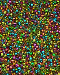 a field of skulls, multi colored, bright, vivid, psychedelic, high detailed, matte, bunches and bubbled up clumps, horrorcore, vines, unsettling contrast