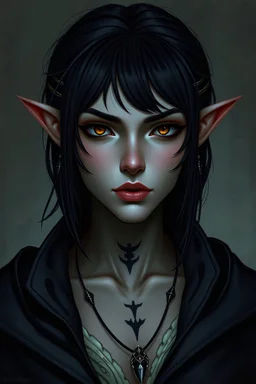 dungeons and dragons elf female warlock, gray skin, chin length ink black hair, dark gold eyes , mild scowl ,wears no makeup, black neck tattoos, dull lip color, has multiple simple silver ear piercings in each ear ,wears clothes made for clandestine night missions, portrait