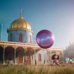 Ultra realistic circus scene. Sweet big hair monster flying. Child’s playing, smile, happy, color bubbles, smooth color, waist up view, Wes Anderson style, a lot of people background, highly detailed, concept art, unreal engine 5, god rays, ray tracing, RTX, lumen lighting, ultra detail, volumetric lighting, 3d, finely drawn, high definition, high resolution.