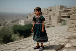 A five-year-old Palestinian girl wearing a traditional dress and new shoes looks to the side and points at a distant building.