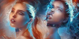 Scarlett Leithold red mouth covered with orange and blue liquid thicks intense red backlit 4k