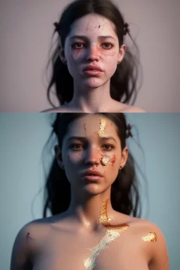 Ultra Realistic image, Rosalía artist, natural body ,portrait, normal complexion body, portrait, clean skin, two bows, black eye long liner, sweet face, torn t-shirt, fog, vibrant color, highly detailed, art stations, concept art, smooth, unreal engine 5, god rays, ray tracing, RTX, lumen lighting, ultra detail, volumetric lighting, 3d.