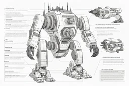 Black and white technical drawing showcasing an advanced Yeti robot with lots of weapons and defences. Annotations detail its powers and capabilities.