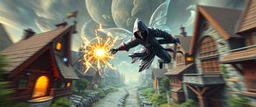 super duper mega ninja rock star fairy thief priest dungeons magician throwing a wild magic spell that performs while flying at high speed through cyber punk village, background motion blur, painted by Escher