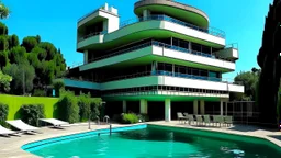 hypermodernist building with swimming pool