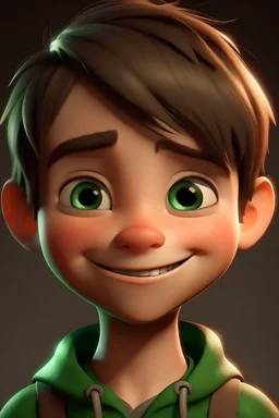 11 year old boy with short brown hair with spikes with green eyes with toned skin with brave smile Pixar style