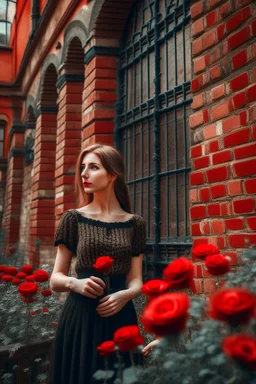 A beautiful girl standing in classic old building with bricks stones texture with a balcony filled with red poppies growing out of it