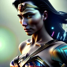 Wonder woman battles a insect, futuristic design, rain in background, close-up face, geometric armor, female face, 3d unreal engine, black face, close up armor, fine detail, lovely face, cyber parts