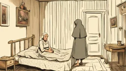 in front of the picture from the back, an old woman in a black and gray vintage villager dress and in a gray headscarf standsat the end of an old bed, on bed lies Evica a young woman with dark blond hair , bloody thighs and legs, you can see her face, the little old room, old, village environment, little light, shadow in the corner, dramatic atmosphere, high detailed, sharp focus, high realistic, thriller mood, perfect photo