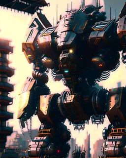 giant robot taking over the world intricate mech details, ground level shot, 8K resolution, Cinema 4D, Behance HD, polished metal, Unreal Engine 5, rendered in Blender, sci-fi, futuristic, trending on Artstation, epic, cinematic background, dramatic, atmospheric