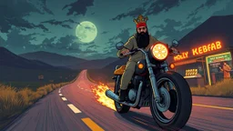 The kebab man driving fast on his holy motorcycle, fire from the exhaust, holy widescreen picture, holy empty road on the holy country at night, comic style, no helmet and he have a long holy black beard, neon kebab signs along the road, jesus stand at his market stand selling holy kebabs, simon stålenhag style, pixel art
