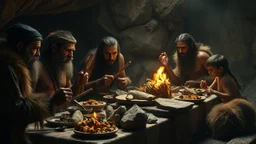 A stone-age feast, Paleolithic banquet, stone utensils, Neanderthal men, women and children, fur garments, mammary exposure, award-winning photograph, exquisite detail and realism, exquisite composition, beautiful detailed intricate detailed octane render, 8k artistic photography, photorealistic, spectacular, thrilling, excitement, perfect light, chiaroscuro, award-winning photograph, masterpiece