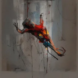 Minimal abstract oil painting of a falling person limbs sinew twisted .triadic colour. Amongst concrete fragments brutalist architecture and hanging wires illuminated at night. In the style of Justin Mortimer and Phil Hale and Ashley Wood