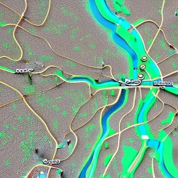 colored pins positioned throughout a topographic map, roads and highways, desaturated colored map, highly detailed, intricate design, smooth, realistic render, Artstation, smooth, sharp focus, illustration, artgerm