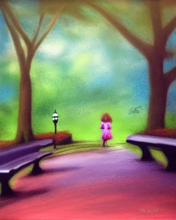 park mystical dream, park bench, man, woman, child, dog, trees, path, bird, sunshine, mystical, fantasy, romanticism, pastel colors, daylight, daytime, acrylic painting, detailed, soft focus,