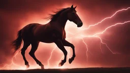 full silhouette of a horse rearing up(outlined by lighting), plus red sky with lightning bolt of electricity traveling (from top right to bottom left), speed force
