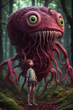 Rare parasite creature holding a girl meanwhile many worms streaming from his eyes in the forest, fullbody, macro photography, darkred tones,high detailed, 3d pixar disney the cinematic FKAA, TXAA, and RTX graphics technology employed for stunning detail.