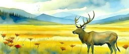 an Elk off-center in a prairie field, canola plants hinted in corners of foreground, realistic fantasy watercolor illustration,