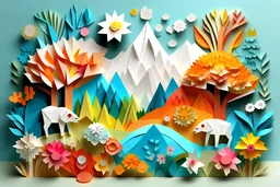 Generate a composition made out of flat origami stuck on a paper like a scenery with plants and animals