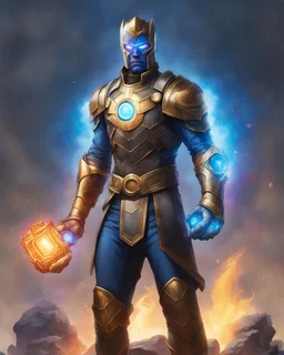 An armor made of a mixture of steel and leather, worn by a strong commander with magical power K's infinity gauntlet has six infinity stones While standing on a majestic height from afar A flaming-eyed commander with flaming light blue pupils stands atop a squire