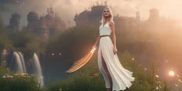 subtle queen, atmospheric, realistic, unreal engine, cinematic lighting, octane render, transparent long dress, blonde, full body, bright wings, smile, long hair