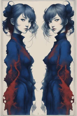 poster in two gradually, two girls, in symetric illustration by <Yoji Shinkawa> and <John Kenn Mortensen>, darkred and darkblue tones,