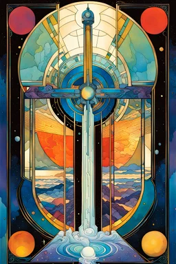 Create a chaotic abstract cubist Tarot Card depicting The Ace of Swords , in the style of Bill Sienkiewicz, Philippe Druillet, Gustav Klimt, Alphonse Mucha, and Jean Giraud Moebius, precisely drawn, colored and inked, with ornate bordered edges