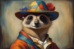 Imagine an anthropomorphic meerkat with a harlequin hat ,by Judith Leyster. in the style of August Macke, John Blanche. Modifiers: oil on canvas vibrant imperial colors hyperrealistic ultra detailed crisp quality whimsical muted colors Decadent 64K, UHD, HDR, HQ anthropomorphic face dark, gloomy, mysterious ©Miwi metallic bronze accents